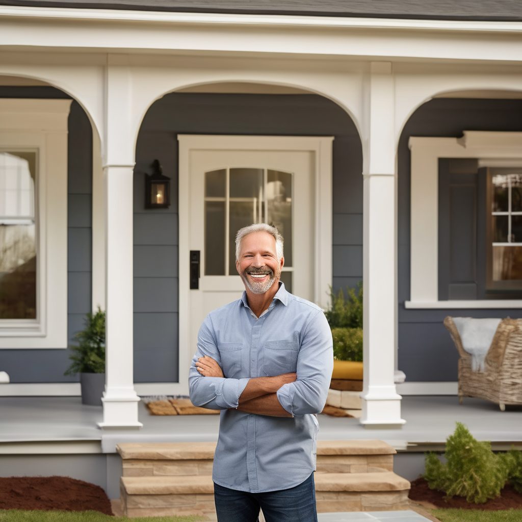 Homeowner standing on the porch of a freshly painted gray house